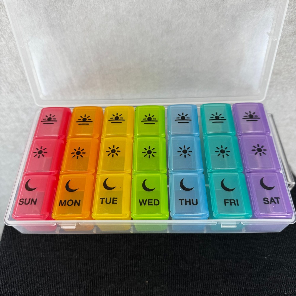 Weekly 7 Day Pill Organizer 3 Times a Day Rainbow Daily Medication Case Box